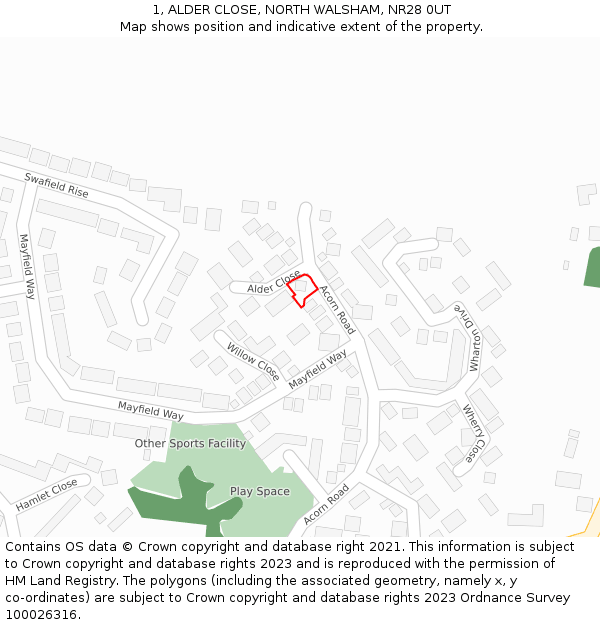 1, ALDER CLOSE, NORTH WALSHAM, NR28 0UT: Location map and indicative extent of plot