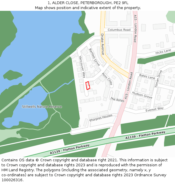 1, ALDER CLOSE, PETERBOROUGH, PE2 9FL: Location map and indicative extent of plot
