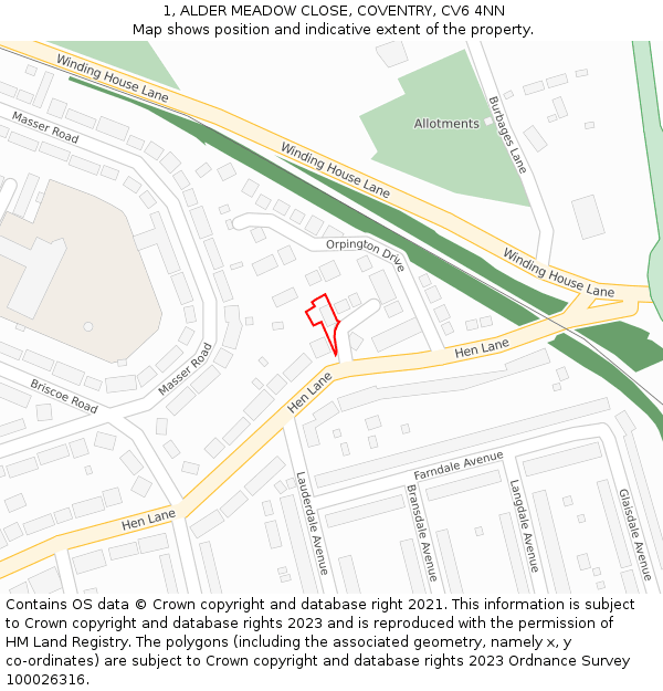 1, ALDER MEADOW CLOSE, COVENTRY, CV6 4NN: Location map and indicative extent of plot