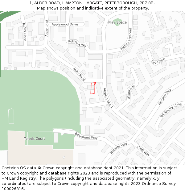 1, ALDER ROAD, HAMPTON HARGATE, PETERBOROUGH, PE7 8BU: Location map and indicative extent of plot