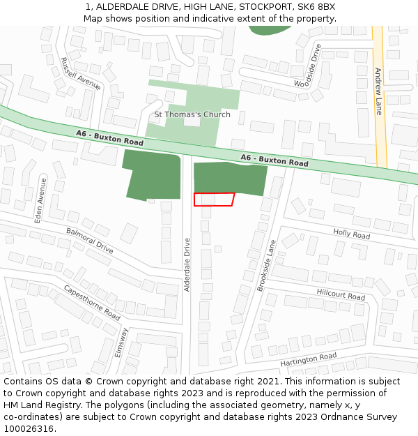 1, ALDERDALE DRIVE, HIGH LANE, STOCKPORT, SK6 8BX: Location map and indicative extent of plot