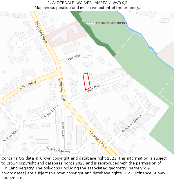 1, ALDERDALE, WOLVERHAMPTON, WV3 9JF: Location map and indicative extent of plot