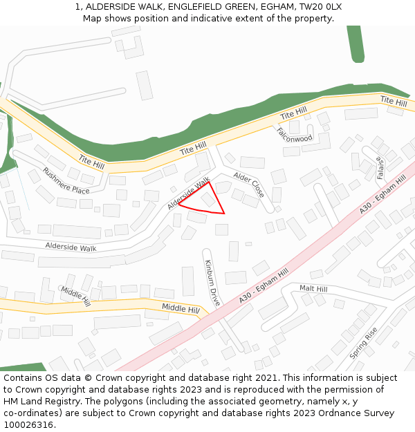 1, ALDERSIDE WALK, ENGLEFIELD GREEN, EGHAM, TW20 0LX: Location map and indicative extent of plot