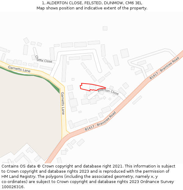 1, ALDERTON CLOSE, FELSTED, DUNMOW, CM6 3EL: Location map and indicative extent of plot