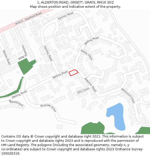 1, ALDERTON ROAD, ORSETT, GRAYS, RM16 3DZ: Location map and indicative extent of plot