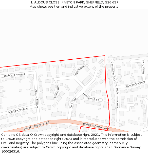 1, ALDOUS CLOSE, KIVETON PARK, SHEFFIELD, S26 6SP: Location map and indicative extent of plot