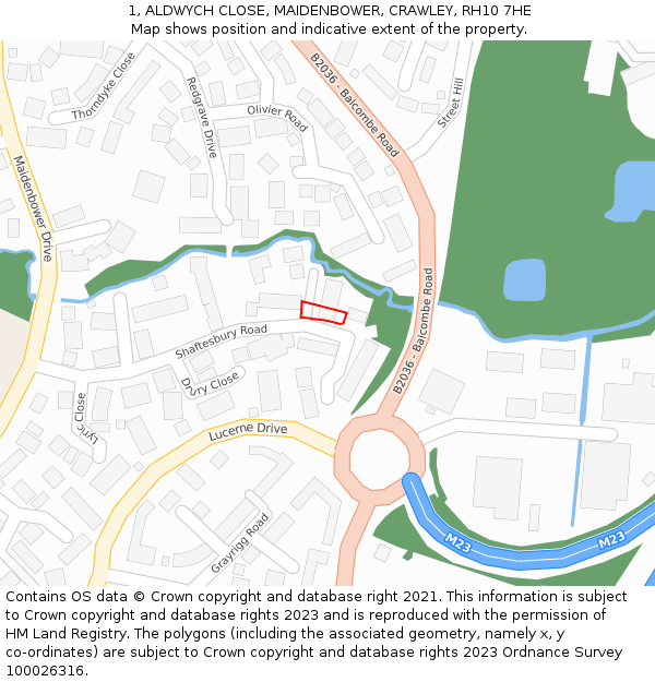 1, ALDWYCH CLOSE, MAIDENBOWER, CRAWLEY, RH10 7HE: Location map and indicative extent of plot