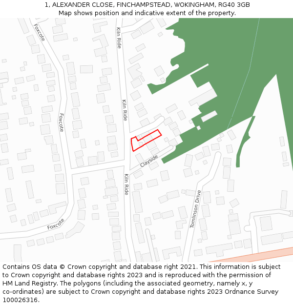 1, ALEXANDER CLOSE, FINCHAMPSTEAD, WOKINGHAM, RG40 3GB: Location map and indicative extent of plot