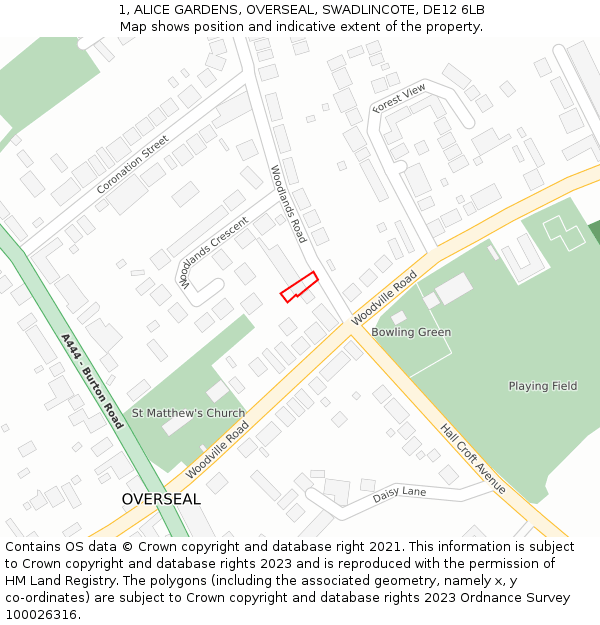 1, ALICE GARDENS, OVERSEAL, SWADLINCOTE, DE12 6LB: Location map and indicative extent of plot