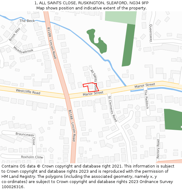 1, ALL SAINTS CLOSE, RUSKINGTON, SLEAFORD, NG34 9FP: Location map and indicative extent of plot
