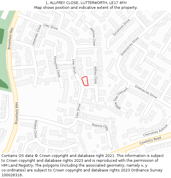 1, ALLFREY CLOSE, LUTTERWORTH, LE17 4FH: Location map and indicative extent of plot