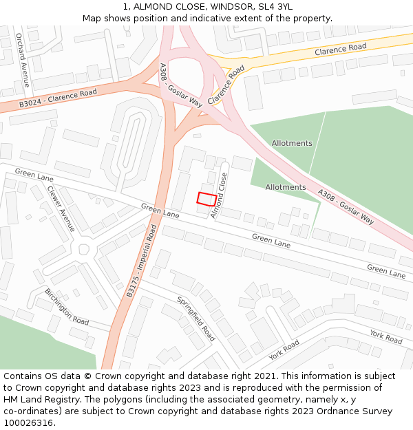 1, ALMOND CLOSE, WINDSOR, SL4 3YL: Location map and indicative extent of plot