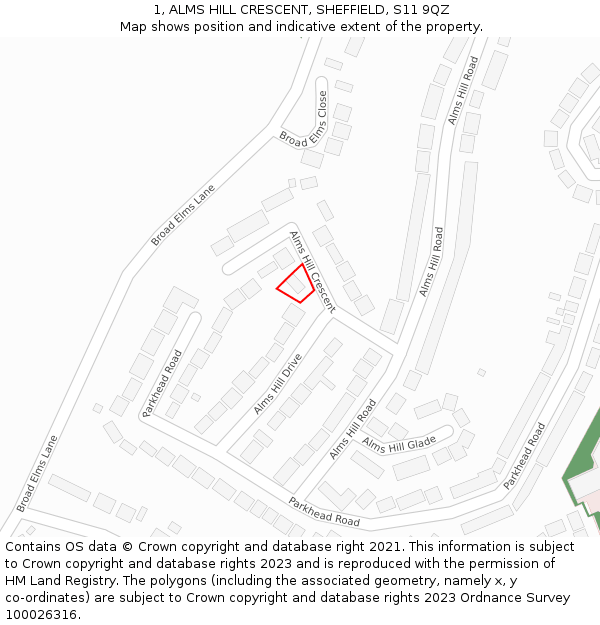 1, ALMS HILL CRESCENT, SHEFFIELD, S11 9QZ: Location map and indicative extent of plot