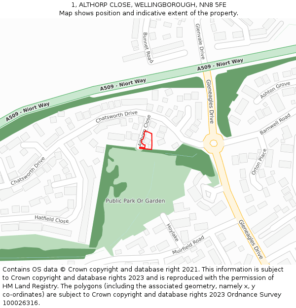 1, ALTHORP CLOSE, WELLINGBOROUGH, NN8 5FE: Location map and indicative extent of plot