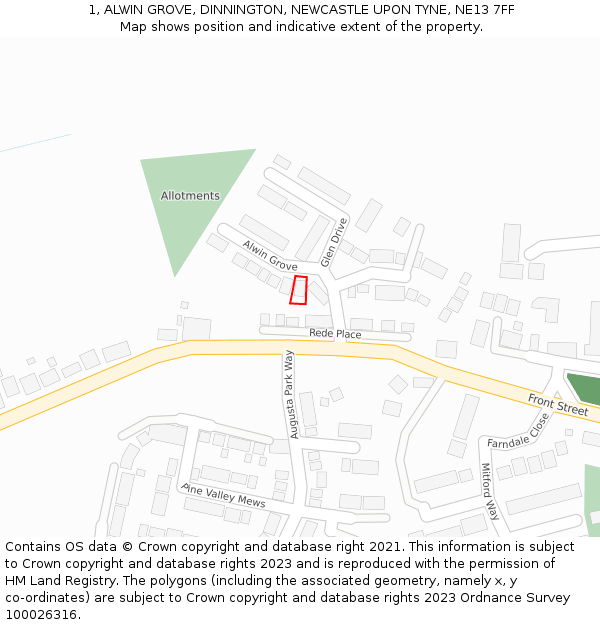 1, ALWIN GROVE, DINNINGTON, NEWCASTLE UPON TYNE, NE13 7FF: Location map and indicative extent of plot