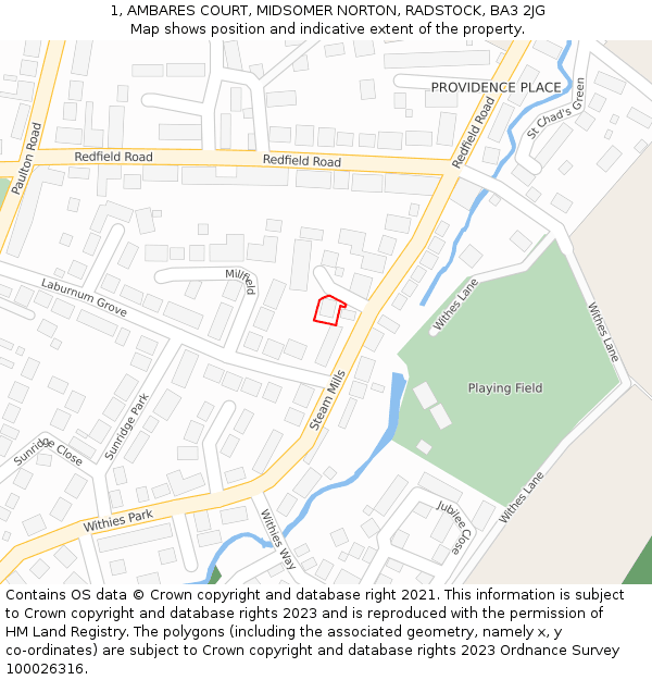 1, AMBARES COURT, MIDSOMER NORTON, RADSTOCK, BA3 2JG: Location map and indicative extent of plot