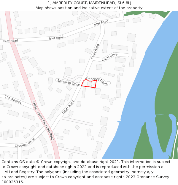 1, AMBERLEY COURT, MAIDENHEAD, SL6 8LJ: Location map and indicative extent of plot