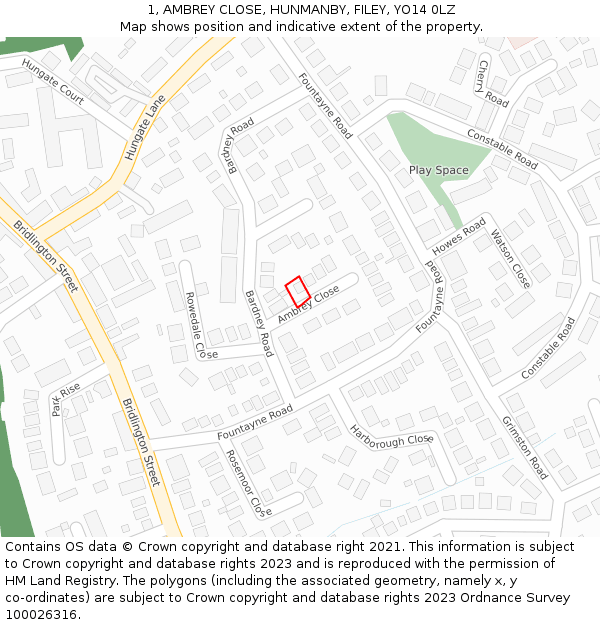 1, AMBREY CLOSE, HUNMANBY, FILEY, YO14 0LZ: Location map and indicative extent of plot