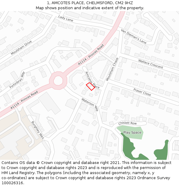 1, AMCOTES PLACE, CHELMSFORD, CM2 9HZ: Location map and indicative extent of plot