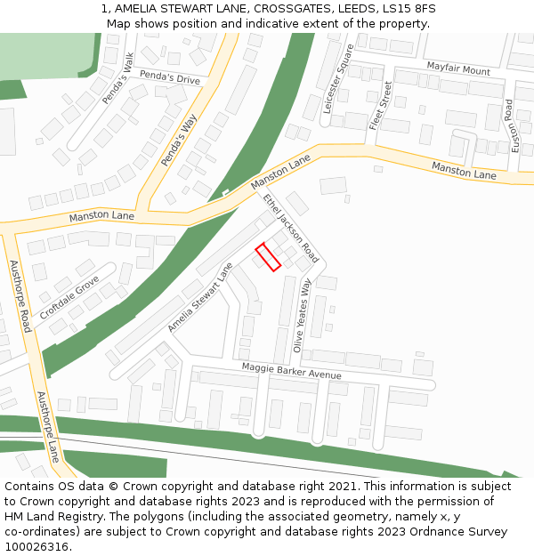 1, AMELIA STEWART LANE, CROSSGATES, LEEDS, LS15 8FS: Location map and indicative extent of plot