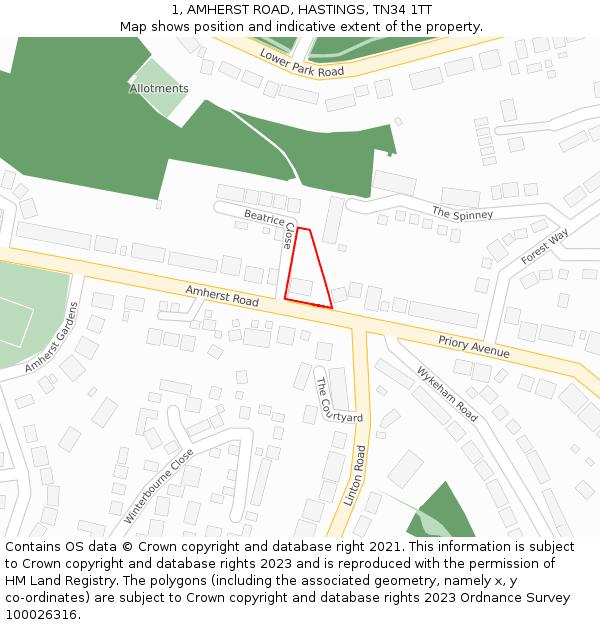 1, AMHERST ROAD, HASTINGS, TN34 1TT: Location map and indicative extent of plot
