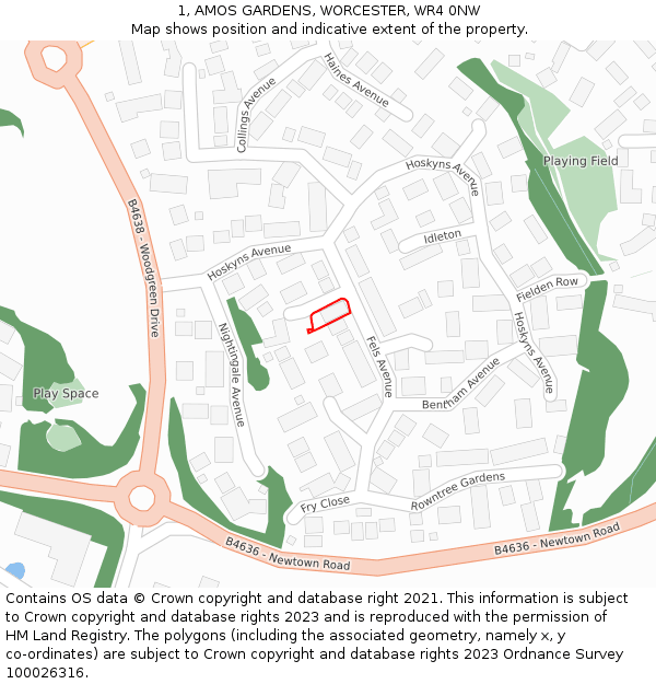 1, AMOS GARDENS, WORCESTER, WR4 0NW: Location map and indicative extent of plot