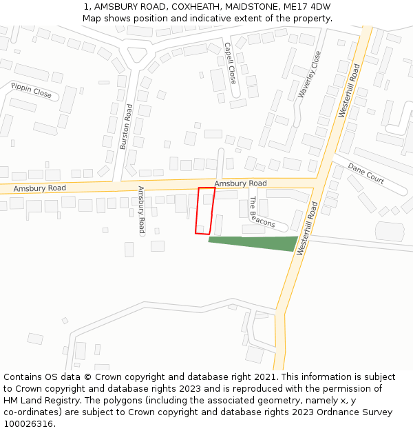 1, AMSBURY ROAD, COXHEATH, MAIDSTONE, ME17 4DW: Location map and indicative extent of plot