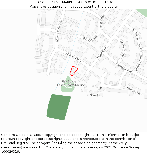 1, ANGELL DRIVE, MARKET HARBOROUGH, LE16 9GJ: Location map and indicative extent of plot