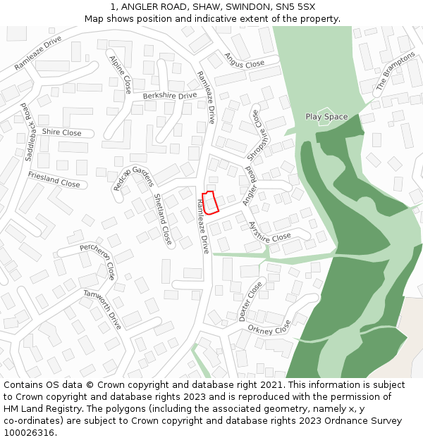 1, ANGLER ROAD, SHAW, SWINDON, SN5 5SX: Location map and indicative extent of plot