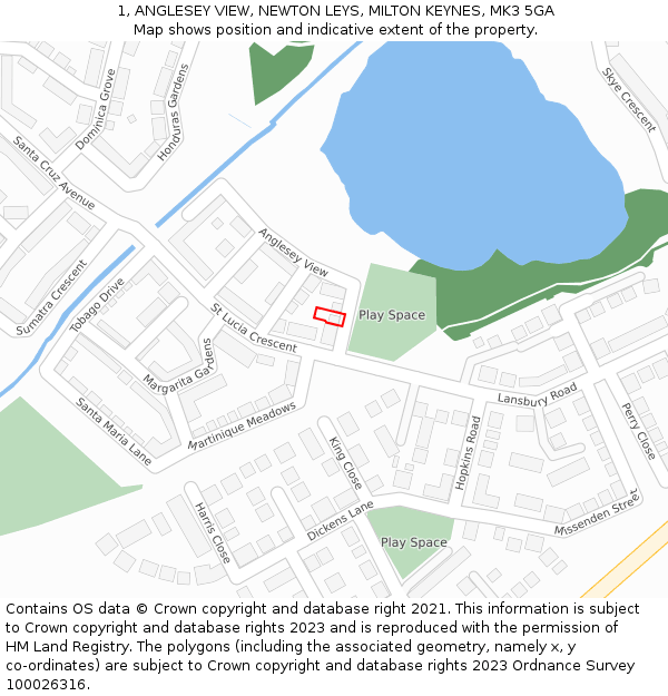 1, ANGLESEY VIEW, NEWTON LEYS, MILTON KEYNES, MK3 5GA: Location map and indicative extent of plot