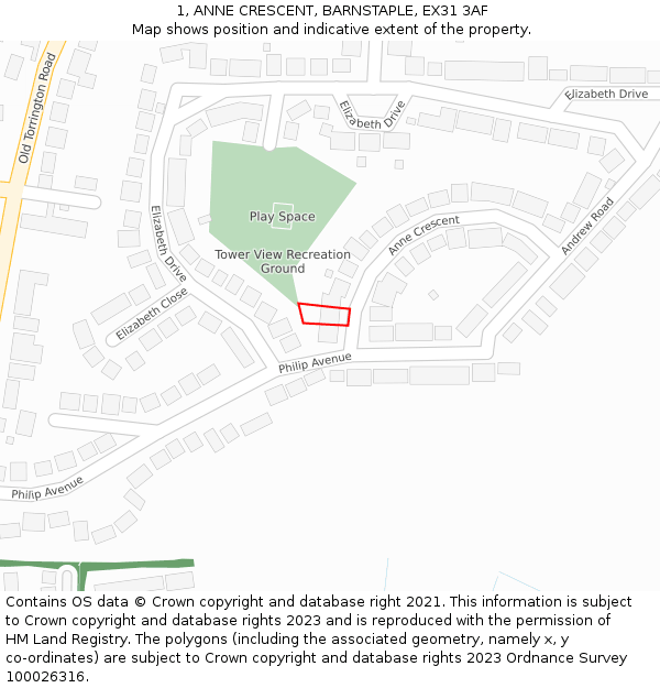 1, ANNE CRESCENT, BARNSTAPLE, EX31 3AF: Location map and indicative extent of plot