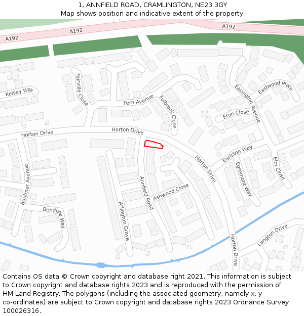 1, ANNFIELD ROAD, CRAMLINGTON, NE23 3GY: Location map and indicative extent of plot