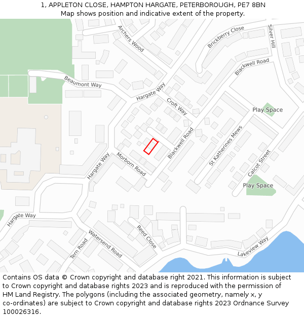 1, APPLETON CLOSE, HAMPTON HARGATE, PETERBOROUGH, PE7 8BN: Location map and indicative extent of plot