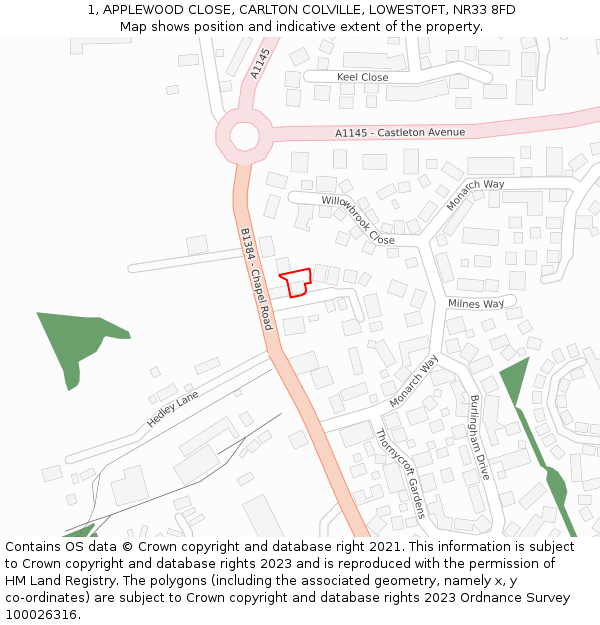 1, APPLEWOOD CLOSE, CARLTON COLVILLE, LOWESTOFT, NR33 8FD: Location map and indicative extent of plot