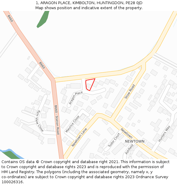 1, ARAGON PLACE, KIMBOLTON, HUNTINGDON, PE28 0JD: Location map and indicative extent of plot