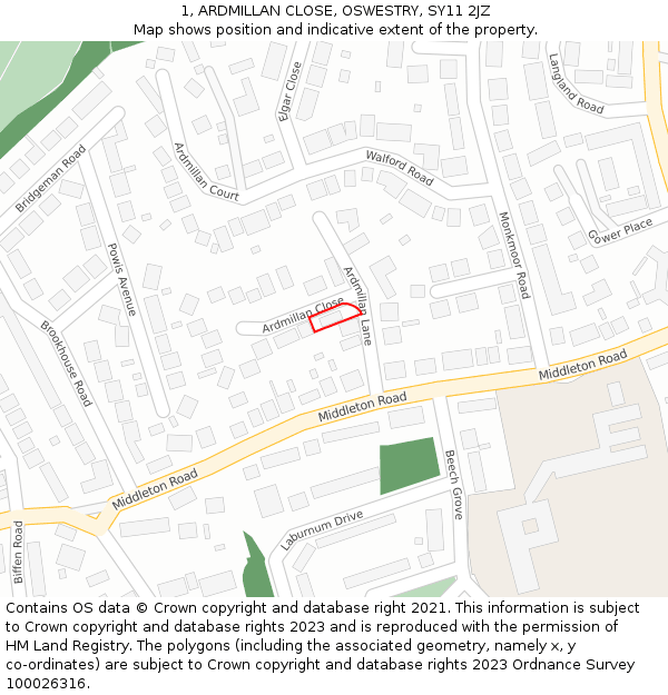 1, ARDMILLAN CLOSE, OSWESTRY, SY11 2JZ: Location map and indicative extent of plot