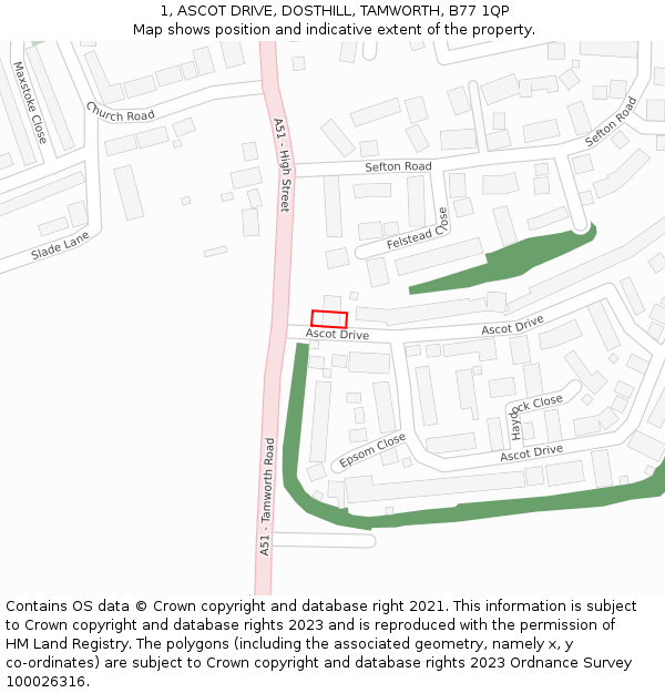 1, ASCOT DRIVE, DOSTHILL, TAMWORTH, B77 1QP: Location map and indicative extent of plot