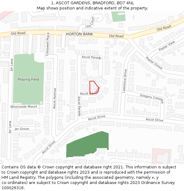 1, ASCOT GARDENS, BRADFORD, BD7 4NL: Location map and indicative extent of plot