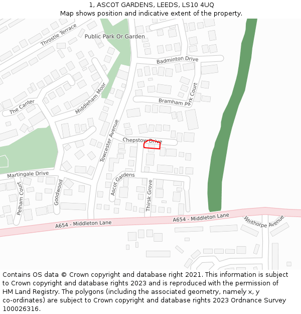 1, ASCOT GARDENS, LEEDS, LS10 4UQ: Location map and indicative extent of plot