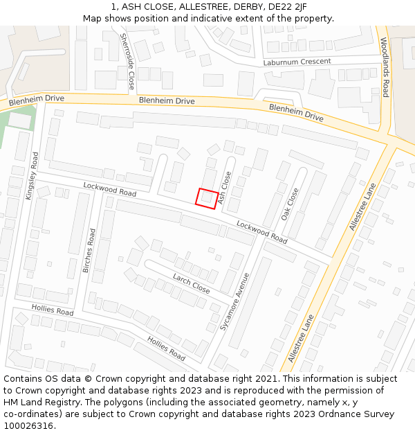 1, ASH CLOSE, ALLESTREE, DERBY, DE22 2JF: Location map and indicative extent of plot