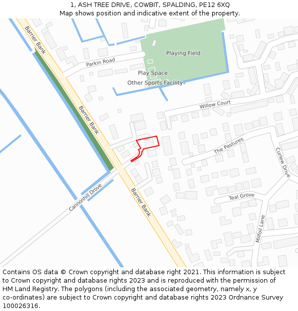 1, ASH TREE DRIVE, COWBIT, SPALDING, PE12 6XQ: Location map and indicative extent of plot