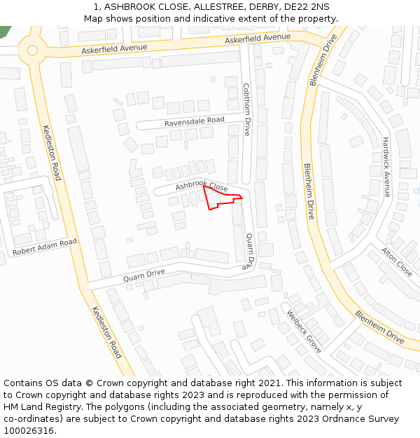 1, ASHBROOK CLOSE, ALLESTREE, DERBY, DE22 2NS: Location map and indicative extent of plot