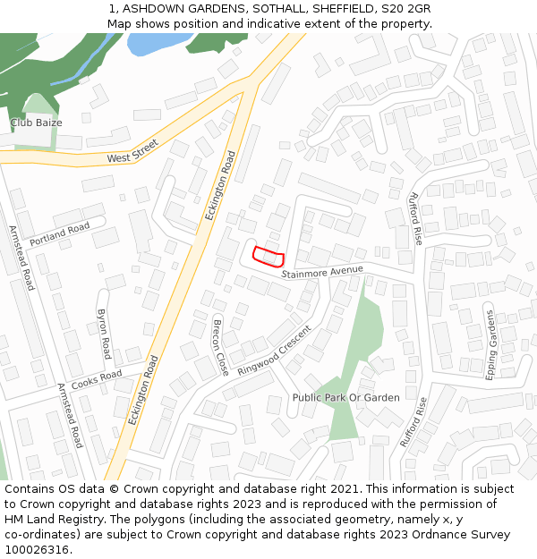 1, ASHDOWN GARDENS, SOTHALL, SHEFFIELD, S20 2GR: Location map and indicative extent of plot