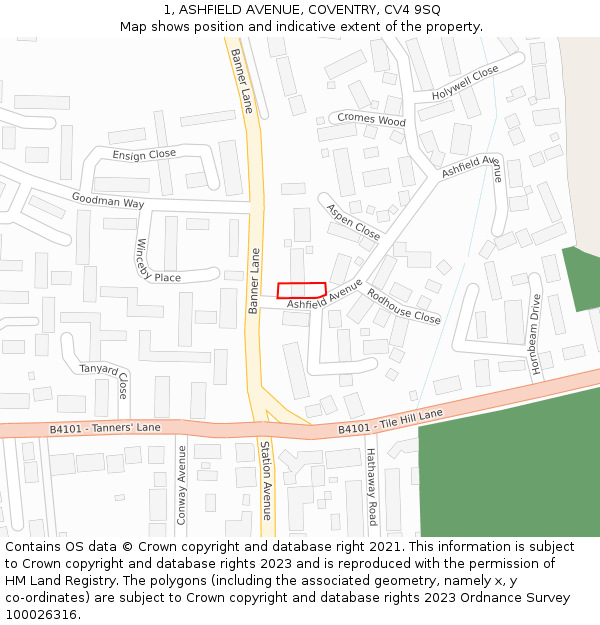 1, ASHFIELD AVENUE, COVENTRY, CV4 9SQ: Location map and indicative extent of plot