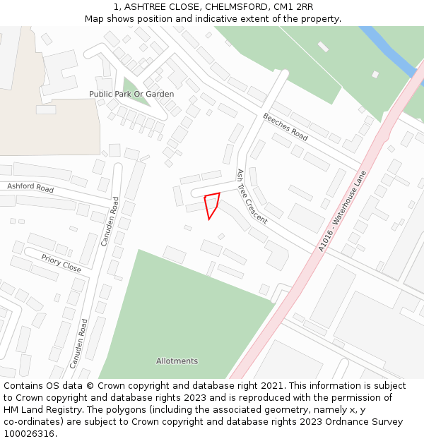 1, ASHTREE CLOSE, CHELMSFORD, CM1 2RR: Location map and indicative extent of plot