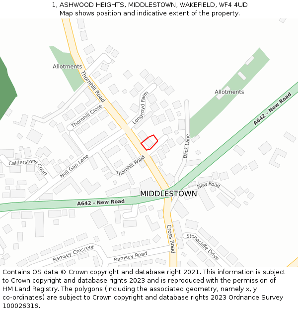 1, ASHWOOD HEIGHTS, MIDDLESTOWN, WAKEFIELD, WF4 4UD: Location map and indicative extent of plot