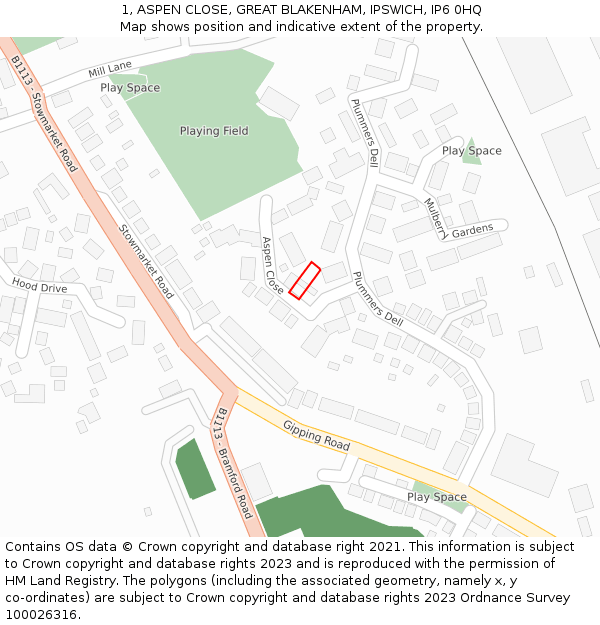 1, ASPEN CLOSE, GREAT BLAKENHAM, IPSWICH, IP6 0HQ: Location map and indicative extent of plot