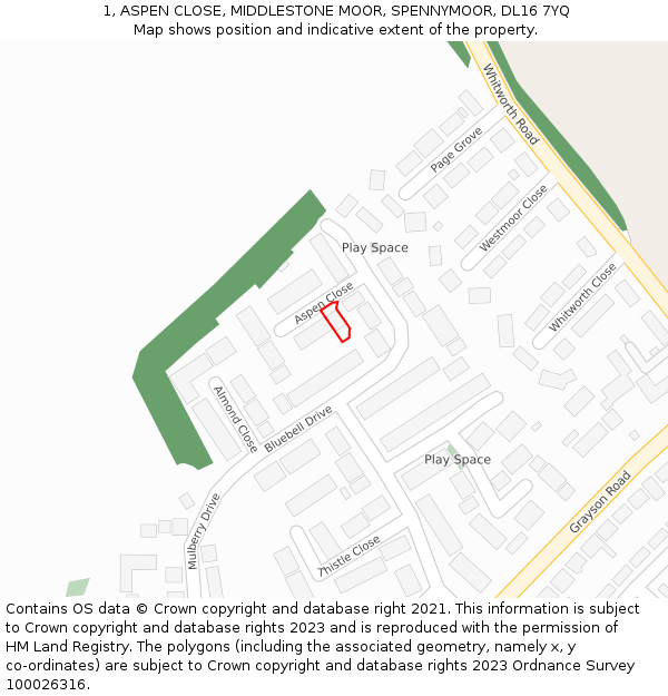 1, ASPEN CLOSE, MIDDLESTONE MOOR, SPENNYMOOR, DL16 7YQ: Location map and indicative extent of plot