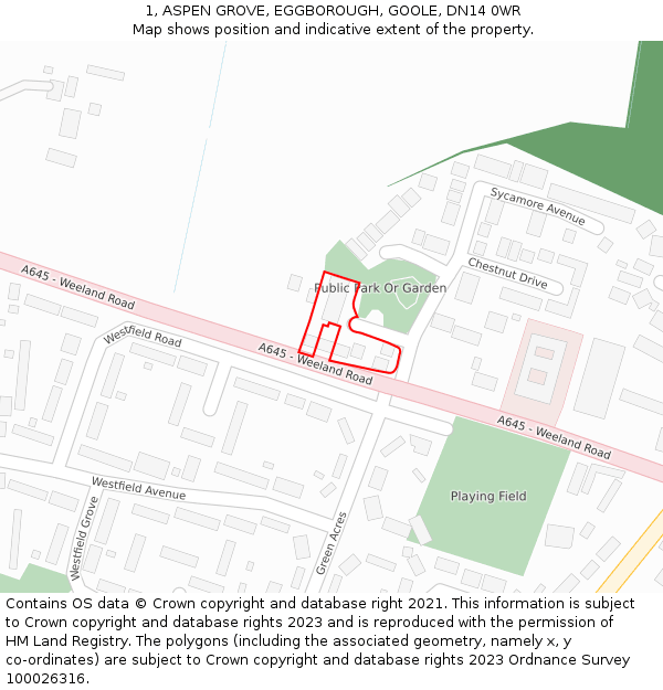 1, ASPEN GROVE, EGGBOROUGH, GOOLE, DN14 0WR: Location map and indicative extent of plot