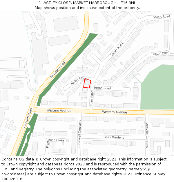1, ASTLEY CLOSE, MARKET HARBOROUGH, LE16 9NL: Location map and indicative extent of plot